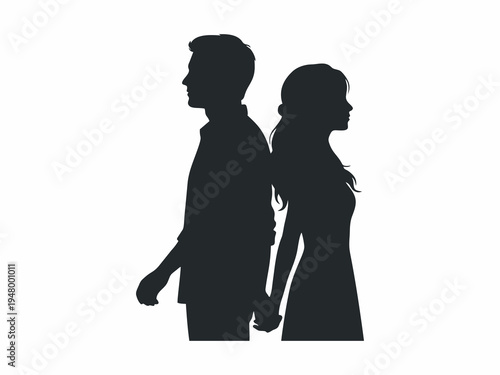 Silhouette of Sad Couple Standing Back to Back and Holding Hands