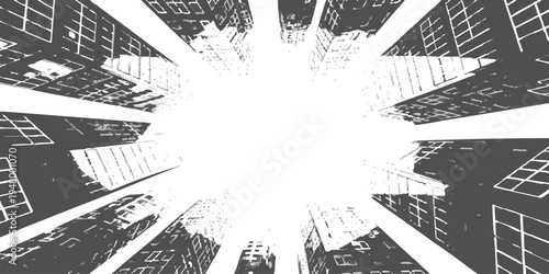 Abstract low angle perspective of modern city skyscrapers in a high contrast black and white vector illustration