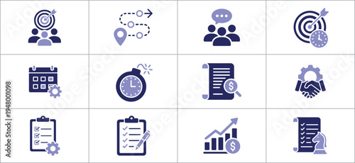 Business strategy and management icons set for marketing planning and productivity