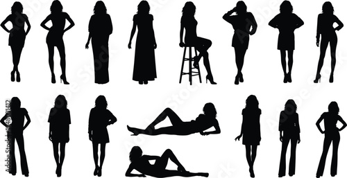 Collection of elegant woman silhouettes featuring standing, sitting and reclining female fashion model poses isolated on white background, stylish beauty and lifestyle figure set