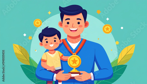 Father and Son Holding Medal Together Smiling.