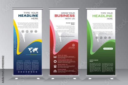 Business roll up banner design for events, annual meetings, presentations, marketing, promotions, vertical banner, roll up banner with red, blue, green print ready colors
