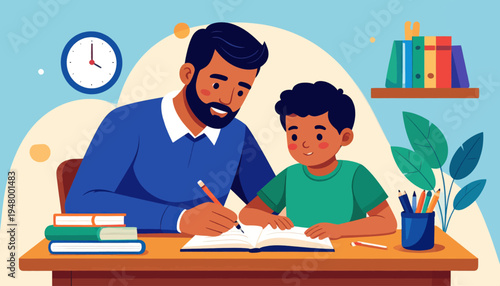 Father Assisting Son with Homework.