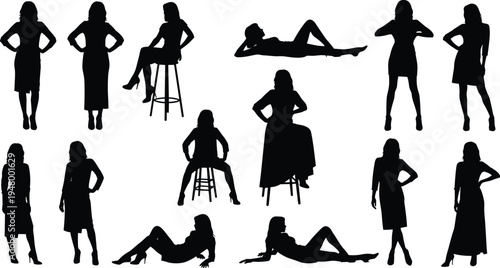 Collection of elegant woman silhouettes featuring standing, sitting and reclining female fashion poses isolated on white background, stylish beauty lifestyle model figure set