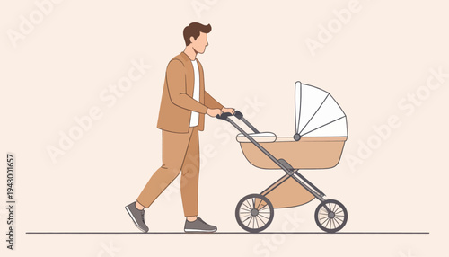 Man Pushing Stroller with Baby Inside.