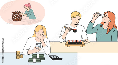 Leisure, Work, and Enjoyment Illustrations Featuring Phone Use, Sushi, Money, and Crafting for Lifestyle and Daily Activities Designs
