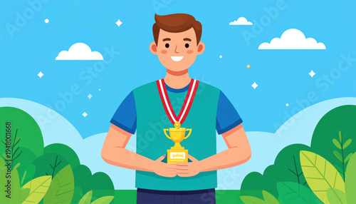 Man Holding Trophy with Medal Around Neck.