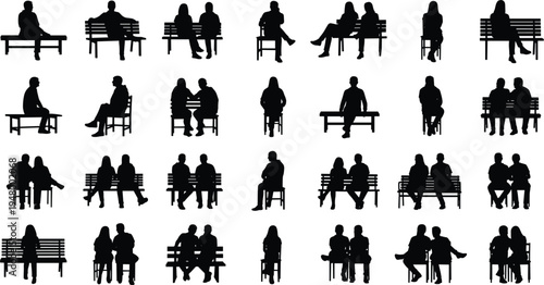Collection of people sitting on benches silhouettes featuring men, women and couples in different poses isolated on white background, public park lifestyle concept