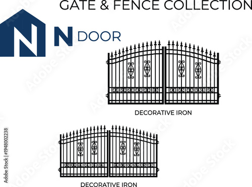 PrintDecorative Wrought Iron Gate and Fence Collection with Ornate Metal Swirls and Classic Spikes for Residential Architecture, Estate Security, and Garden Design Elements