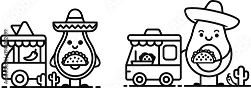 Cinco de Mayo Avocado Taco Truck Mascot Line Art