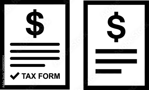 Two black and white vector icons representing financial tax forms with dollar sign symbols inside