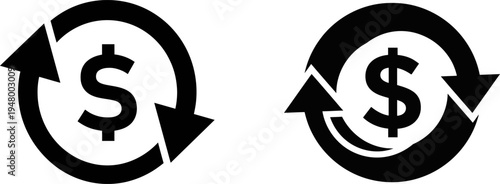 Two black and white vector icons illustrating the concept of financial currency circulation flow