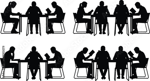Collection of students studying at table silhouettes featuring people reading books and learning together isolated on white background, education and study concept