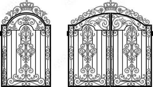 PrintOrnate Wrought Iron Gate Vector Set Featuring Decorative Filigree Swirls, Royal Crown Details, and Elegant Vintage Garden Entryway Designs for Architecture and Luxury Landscaping