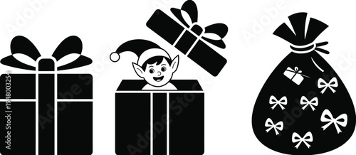 Christmas gift box and Santa bag icons set with cute elf surprise vector illustration