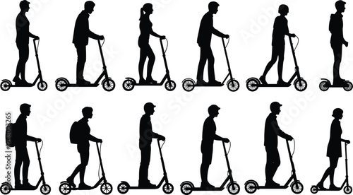 Collection of urban commuters riding electric scooters silhouettes isolated set, eco friendly city transport concept