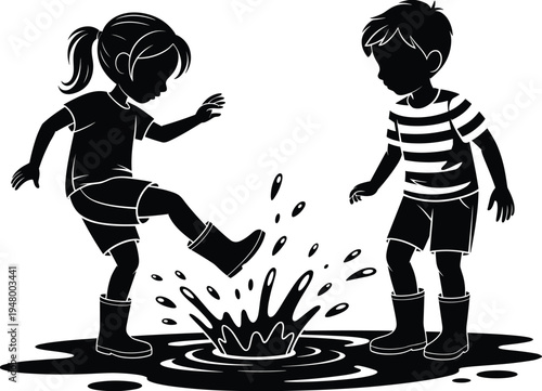 Kids jumping in puddle silhouette children playing in rain boots splash vector illustration childhood fun