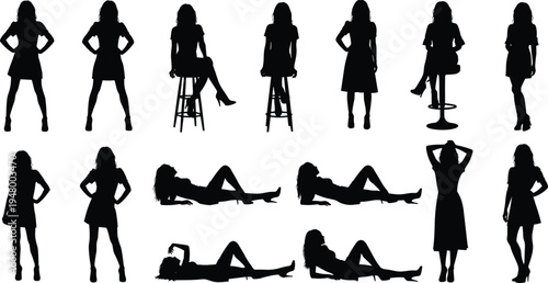 Collection of woman silhouette poses featuring standing, sitting and reclining female figures isolated on white background, elegant fashion model posture set