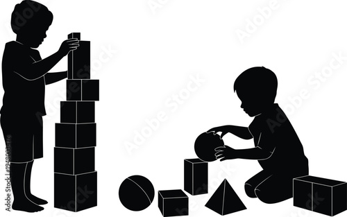 Kids playing with building blocks silhouette children educational toy stacking learning activity vector illustration