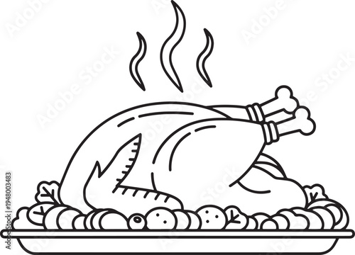 Vector illustration of roasted turkey on a platter with vegetables