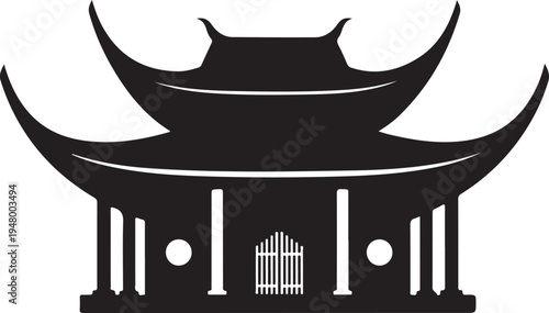 Asian temple building with pagoda roof and columns illustration