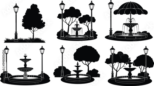 Park fountains with trees and street lamps decorative garden landscape silhouette vector illustration collection