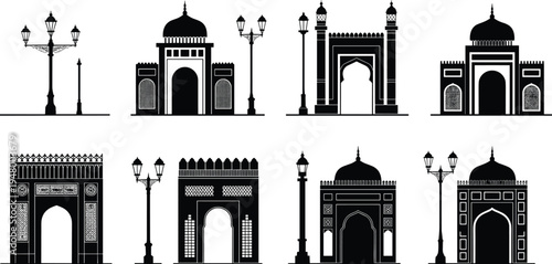 Set of traditional Mughal style gateways and street lamps architectural monument silhouette vector illustration collection