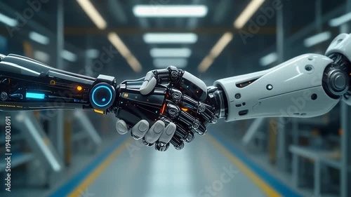 Two futuristic robotic hands shake in agreement inside a high-tech laboratory corridor.