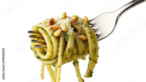 Canvastavla Isolated spaghetti with vibrant pesto, grated cheese, and pine nuts on shiny metal fork