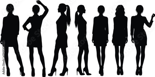 Set of stylish woman silhouette poses featuring standing female fashion models in elegant posture isolated on white background, beauty and lifestyle concept