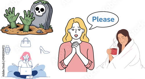 Expressions of Emotion, Fashion, and Relaxation Featuring Zombies, Requests, and Comfort for Lifestyle, Halloween, and Wellness Designs