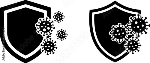 Black and white icons depicting shields representing protection against viral disease and infection