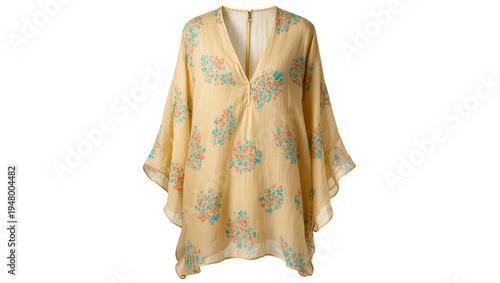 Canvas Print Isolated stylish yellow women's kaftan tunic with vibrant floral design and V-ne