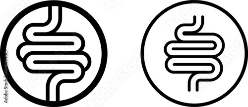 Two black and white circular icons showing stylized representations of the human small intestine