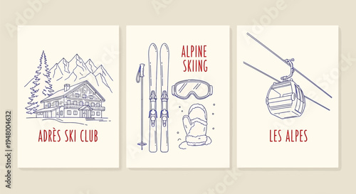 Vintage ski posters with apres ski club, alpine skiing and les alpes illustrations on beige background vector illustration