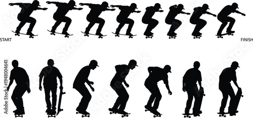 Skateboarder trick sequence silhouettes showing jump and landing stages on skateboard isolated on white background, urban street sport action movement concept