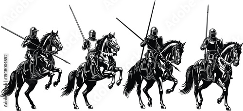 Medieval, knight, on, horse, silhouettes, warrior, cavalry, armor, lance, shield, battle, medieval, soldier, history, combat, riding, illustration, historical, warrior, concept