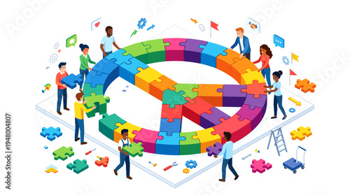 Diverse individuals come together to construct a vibrant peace symbol from interlocking puzzle pieces, illustrating concepts of unity, collaboration, and global harmony