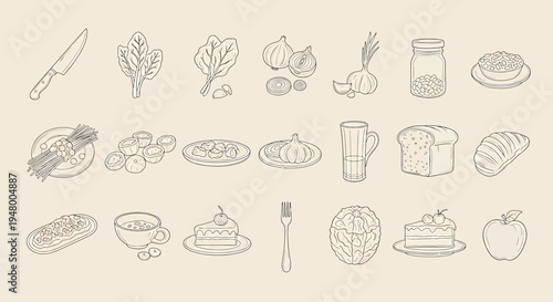 A collection of various food and kitchen items illustrated in a line drawing style on a beige background vector illustration