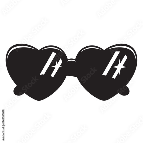 Heart shaped sunglasses illustration with dark lenses and playful reflective highlights.