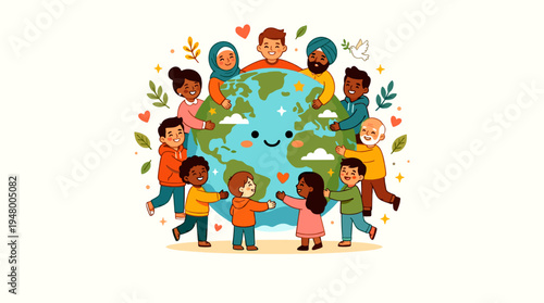 Diverse Global Community Embracing and Protecting Our Planet with Love, Unity, and Friendship – A Symbol of World Peace and Environmental Care