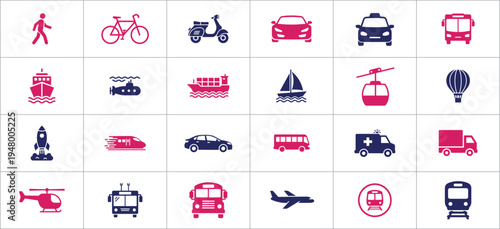 Transportation icons set including cars, Trucks, Buses, Trains, Airplanes, Boats, Bicycles, And scooters