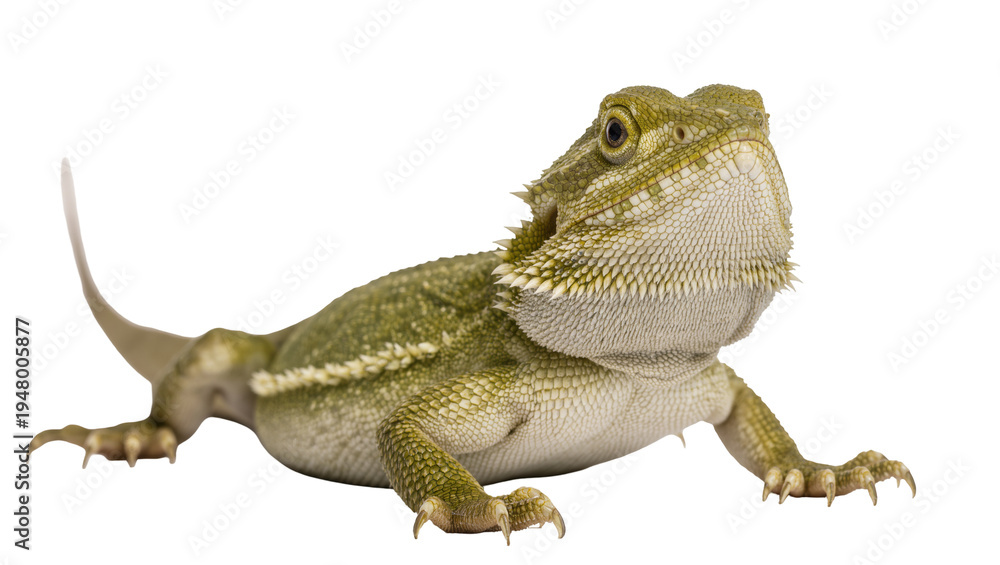 Fototapeta premium Isolated Bearded Dragon, a striking reptile with unique scales, posing for a studio portrait