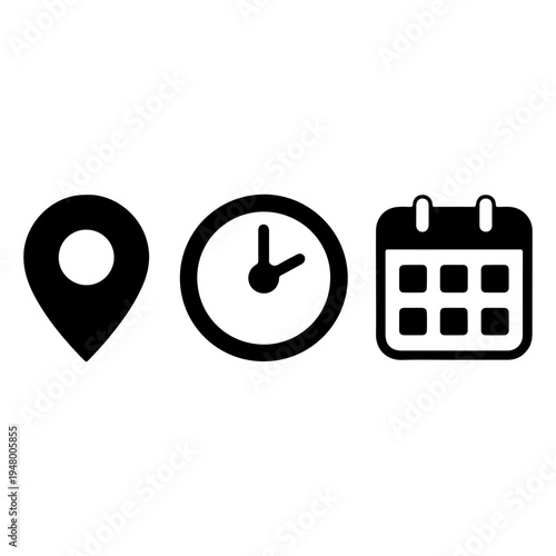 Location Pin Clock and Calendar Schedule Glyph Icons Set
