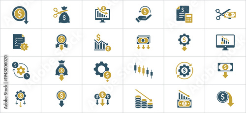 Collection of financial icons and symbols for business and money concepts