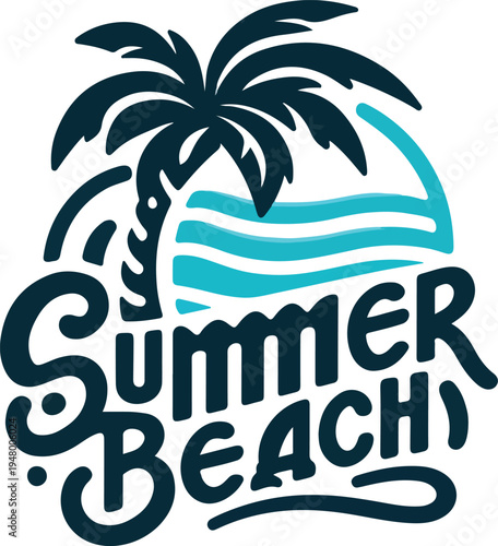 Minimal tropical logo, hand-lettered ‘Summer Beach’ typography, palm tree and wave integrated into letters, clean vector .