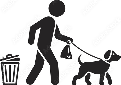 Dog walking and pet waste cleanup icon, responsible pet owner concept, person walking dog with leash vector illustration