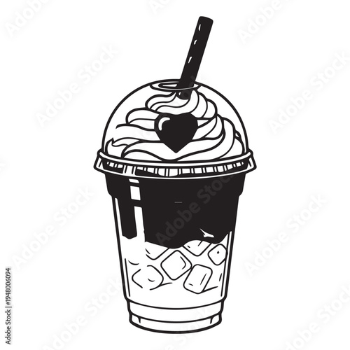 Monochrome illustration of a takeout cup with a heart design, straw, and frosty ice.