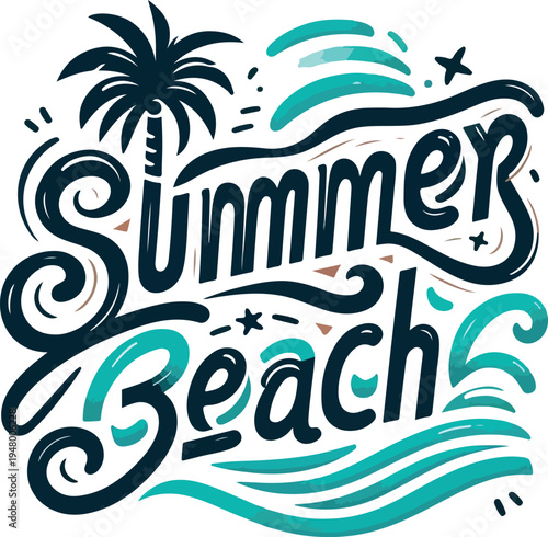 Minimal tropical logo, hand-lettered ‘Summer Beach’ typography, palm tree and wave integrated into letters, clean vector .