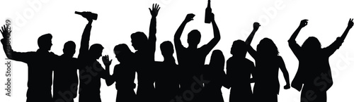 Party crowd silhouettes, people celebrating with drinks, joyful group celebration scene, nightlife dancing illustration, festive event energy, social gathering concept